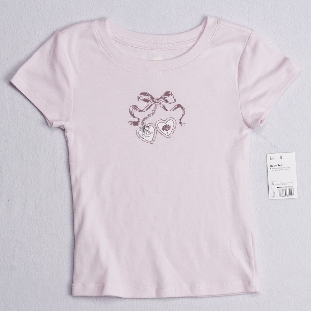 SO Girls Baby Tee Pink Bow Heart Locket Graphic Size S 6/7 New with Tags